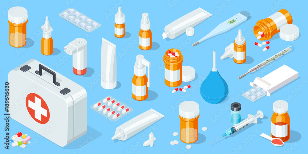 Big set of medical equipment and pharmacy. First Aid Kit. Isometric vector illustration Big set of medical equipment and pharmacy. First Aid Kit. Isometric vector illustration