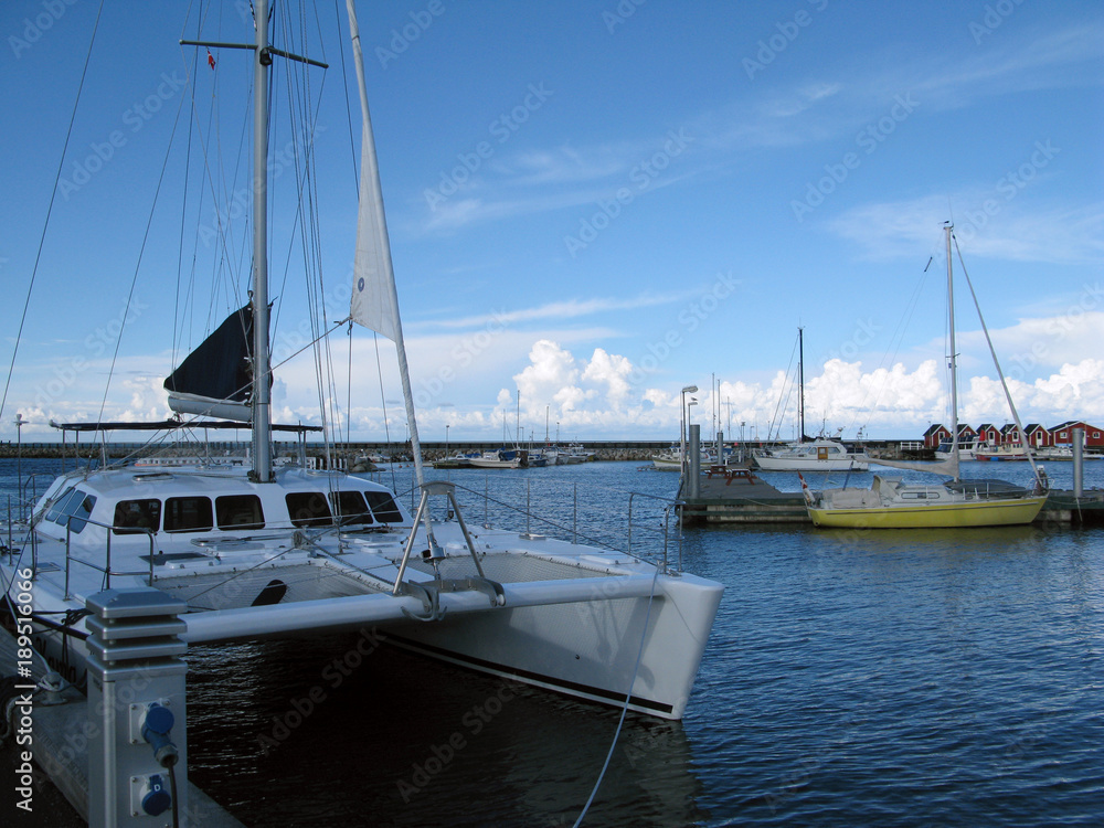 Laesoe / Denmark: View over the small harbor in Vesteroe Havn on a late afternoon in August