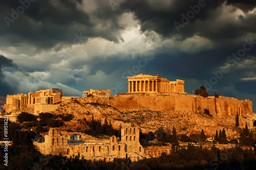 Acropolis with cloudy sky as background, Athens, Greece.