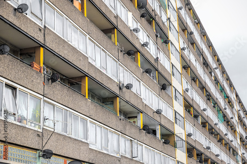 Facade of old council tower block in south east London photo