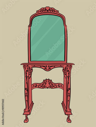 Wooden pink table with carved details and a large blue mirror stands on a beige background eps 10 illustration