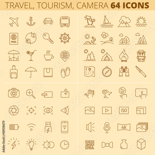 Travel  tourism  summer holidays and vacations outline icons. Photo  video camera linear symbols. The luggage  open-air restaurant  picnic  forest  sea  camp  hiking. Vector thin line sign  icon set.