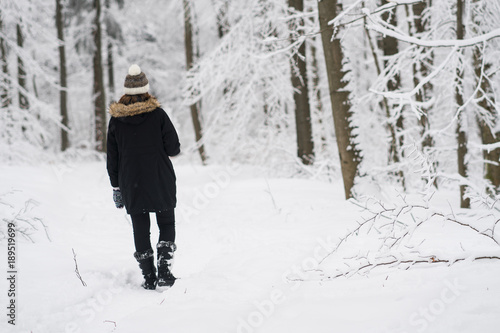 girl a walk in winter landscape, beautiful snow-covered countryside. woman wearing black coat and winter hat.