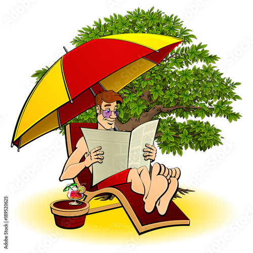 Tourist in a deckchair under a beach umbrella reads a newspaper against the background of a large tropical tree.