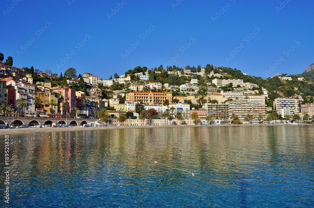 Landscape view of the French Riviera city of Menton in the Alpes Maritimes seen from the Mediterranean Sea