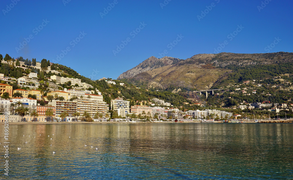 Landscape view of the French Riviera city of Menton in the Alpes Maritimes seen from the Mediterranean Sea