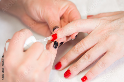 Manicure. Master applies varnish drawing on nails gel in spa . Closeup finger nail care by specialist in beauty salon.