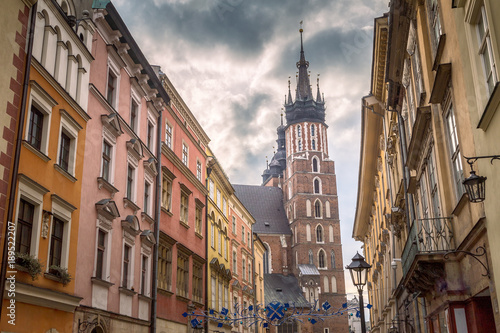 Krakow, street in the historic Polish city with Saint Mary's Basilica.