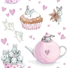 Wandcirkels Aquarel prints patronen Aquarel patroon met schattige konijntjes  © BloomPix