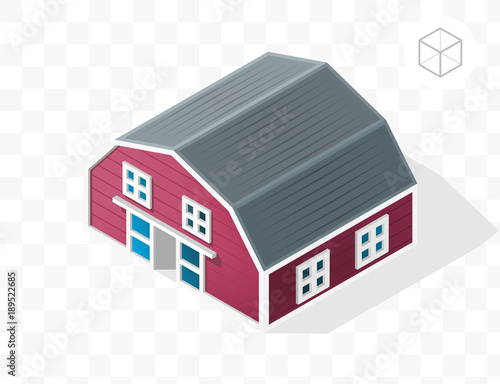 Isometric High Quality City Element with 45 Degrees Shadows on Transparent Background . Barn