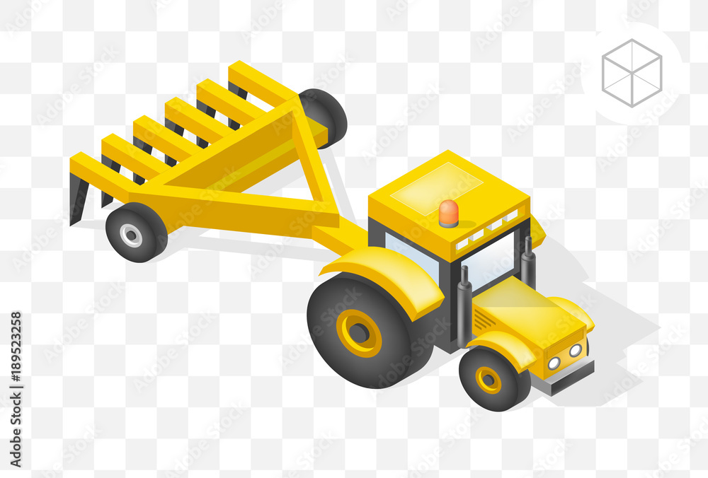 Set of Isolated Isometric Minimal City Elements . Tractor with Shadows on Transparent Background Set of Isolated Isometric Minimal City Elements . Tractor with Shadows on Transparent Background