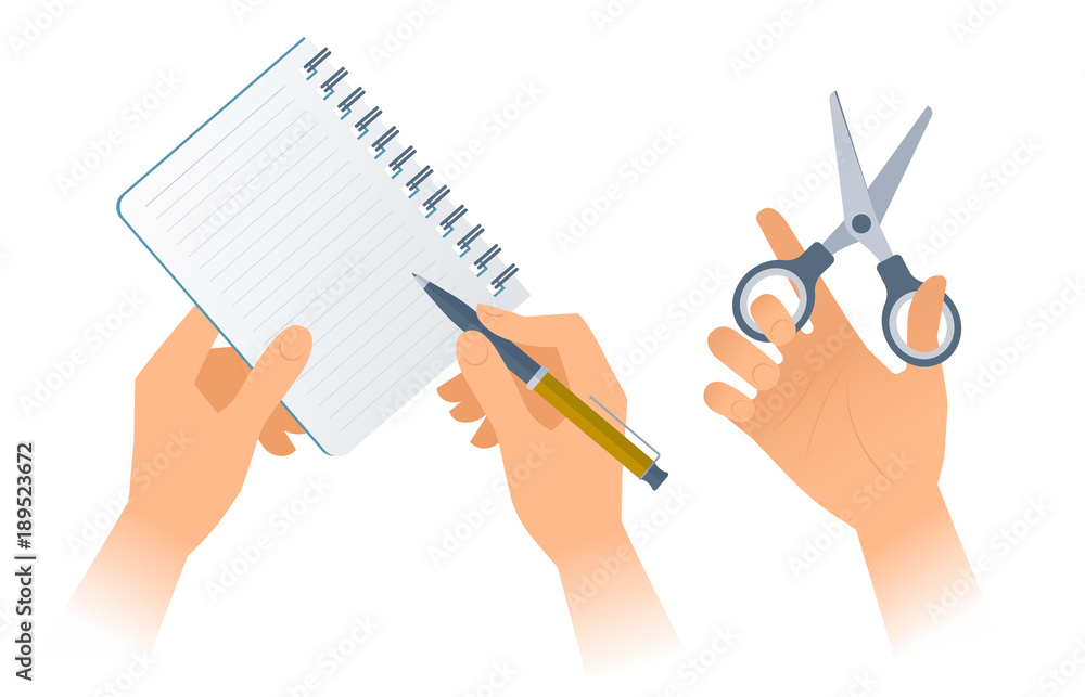 Businessman's hands with office supplies: paper notebook, pen, scissors. Vector illustration of human hands holding various business accessories. Flat design elements isolated on white background. Businessman's hands with office supplies: paper notebook, pen, scissors. Vector illustration of human hands holding various business accessories. Flat design elements isolated on white background.