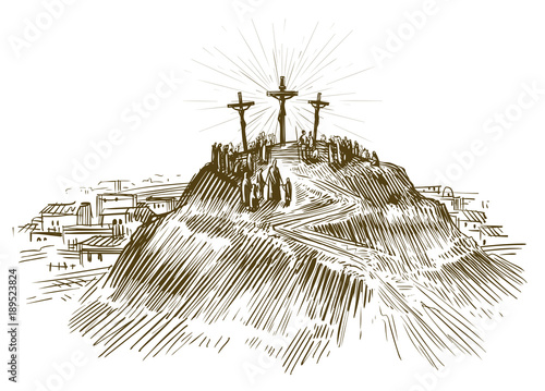 Photo Crucifixion Jesus Christ, Son of God. Sketch vector illustration