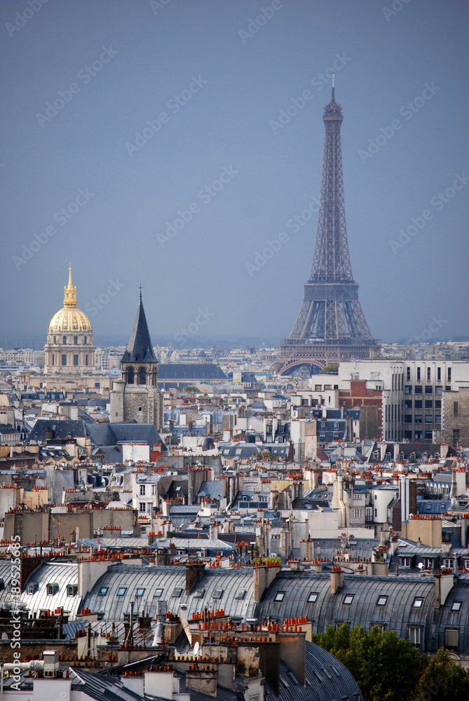 The Paris skyline showing the Eiffel Tower, Napoleons Tomb and various rooftops
