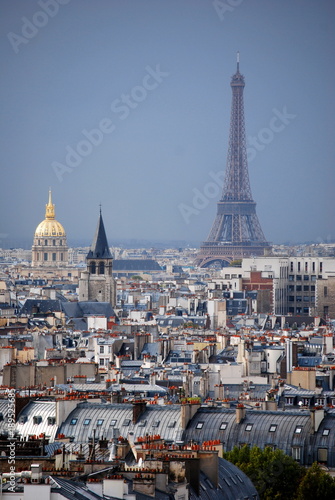 The Paris skyline showing the Eiffel Tower, Napoleons Tomb and various rooftops