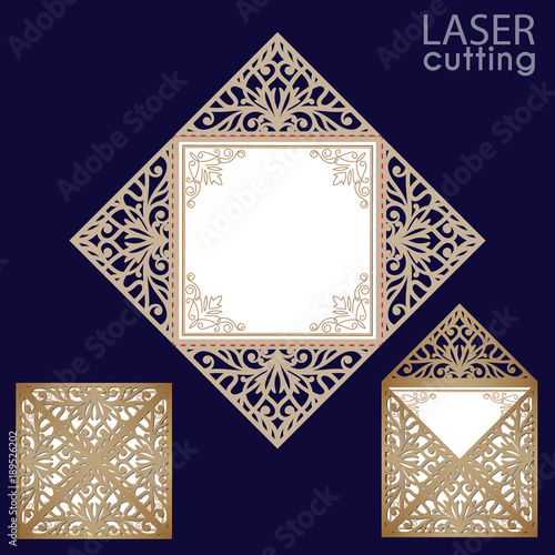 Laser cut square envelope with patterned corners, Template for wedding invitation card. Cutout paper fold card for laser cutting or die cutting. Suitable for greeting cards, invitations, menus.