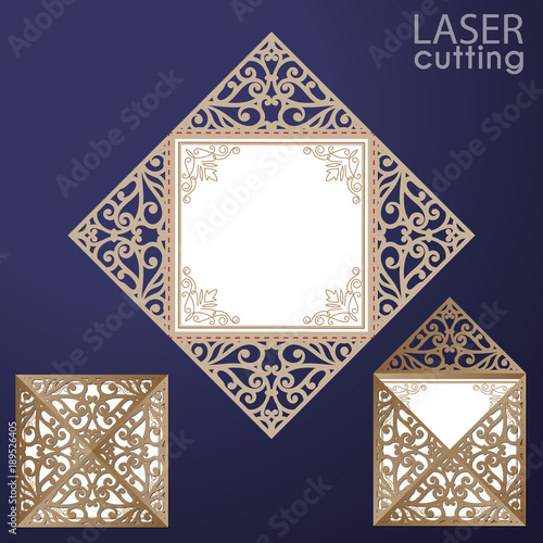 Laser cut square envelope with patterned corners, Template for wedding invitation card. Cutout paper fold card for laser cutting or die cutting. Suitable for greeting cards, invitations, menus.