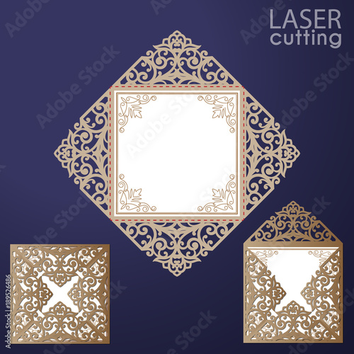 Laser cut square envelope with patterned corners, Template for wedding invitation card. Cutout paper fold card for laser cutting or die cutting. Suitable for greeting cards, invitations, menus.