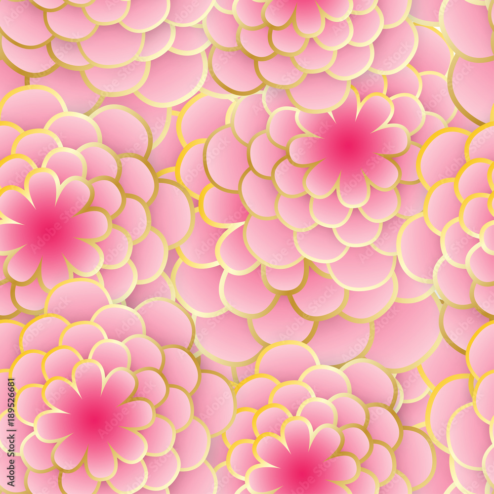 Seamless elegant nature background. Floral pattern with stylized summer 3d  flowers. Floral stylish modern wallpaper. Paper art design, golden lines.  Vector illustration Stock Vector | Adobe Stock
