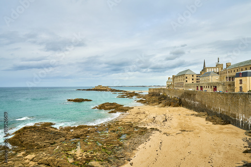 Saint Malo beach, Fort National and rocks during Low Tide. Brittany, France, Europe. 