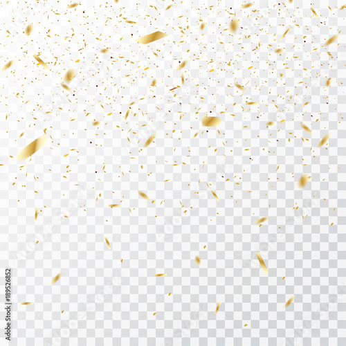 Defocused festive glittering gold confetti isolated on a transparent background, falling gold tiny confetti pieces.