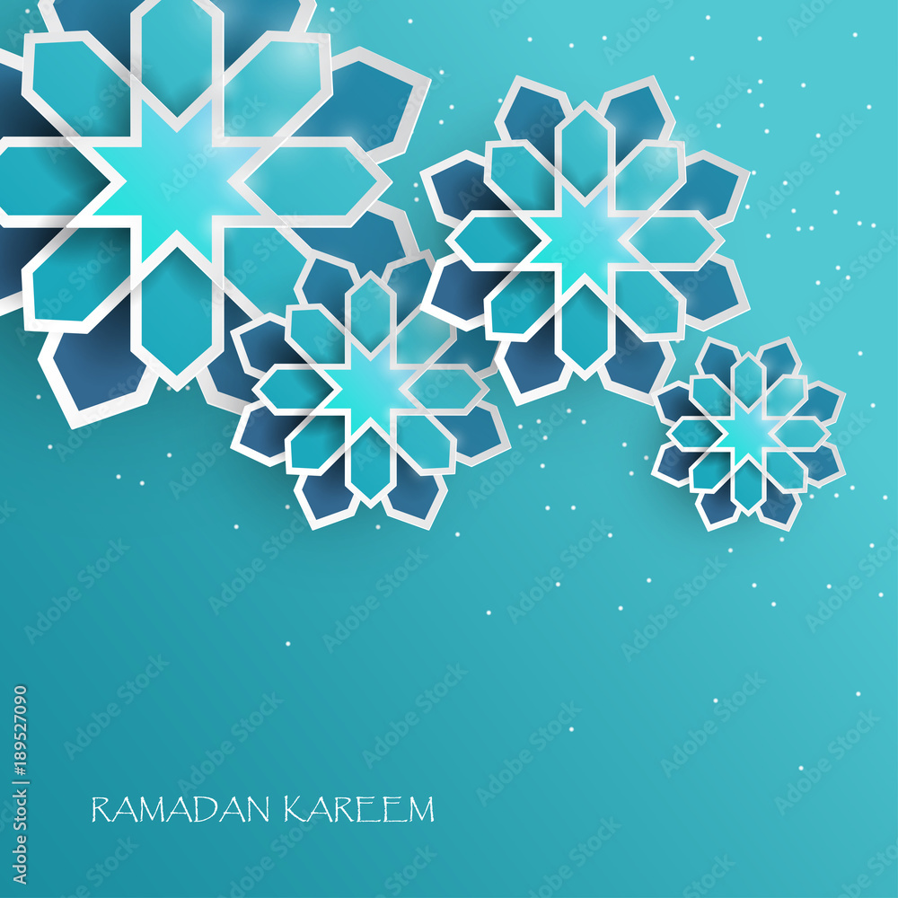Fototapeta premium Greeting card with intricate Arabic paper graphic of Islamic geometric art. Ramadan Kareem is the name of the glorious month of Ramadan. Muslim community festival