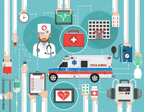 Healthcare flat design with ambulance,hospital,and doctor isolated vector illustration