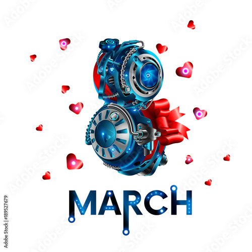 The inscription on March 8 in the style of robotics. Template cards for congratulations women in the workplace. Figure eight in the style of modern innovative technologies, robotics and electronics.