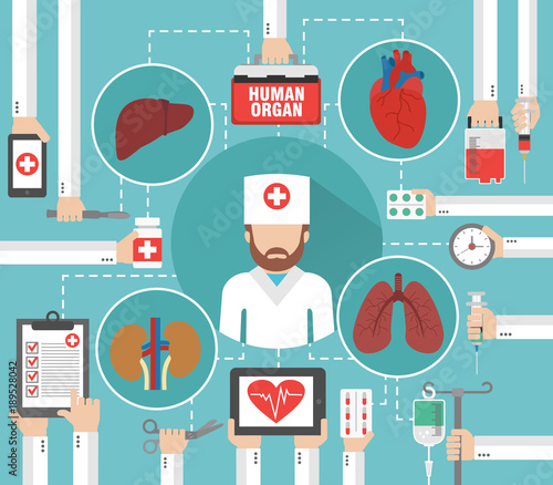 Organ transplantation flat design with doctor isolated vector illustration