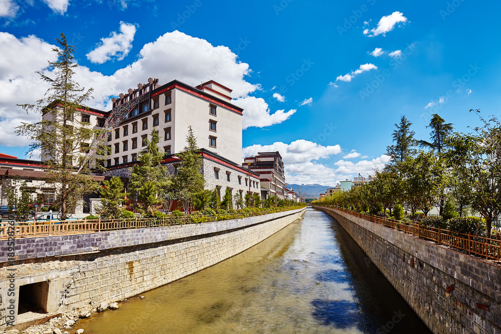 View of Shangri-La riverside on a sunny day, China.