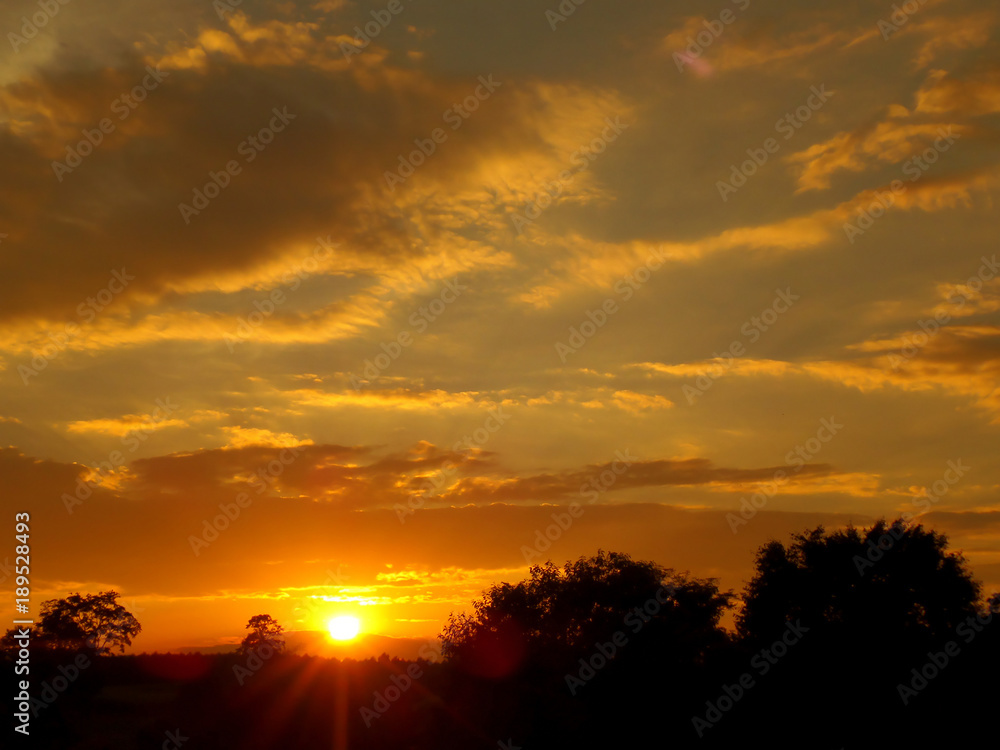 The golden sun setting over the silhouette of countryside forest, Thailand The golden sun setting over the silhouette of countryside forest, Thailand