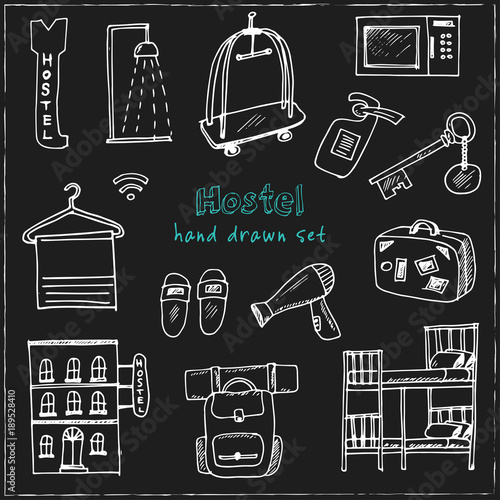 Hostel. Hand drawn doodle set. Sketches. Vector illustration for design and packages product.