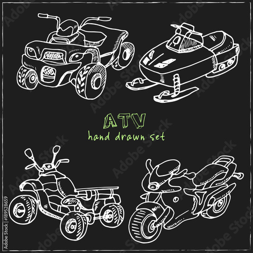 ATV. Hand drawn doodle set. Sketches. Vector illustration for design and packages product.