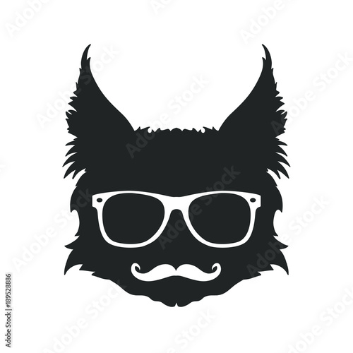 Face of dark silhouette of hipster cat with sunglasses and mustache  vector illustration isolated on white background
