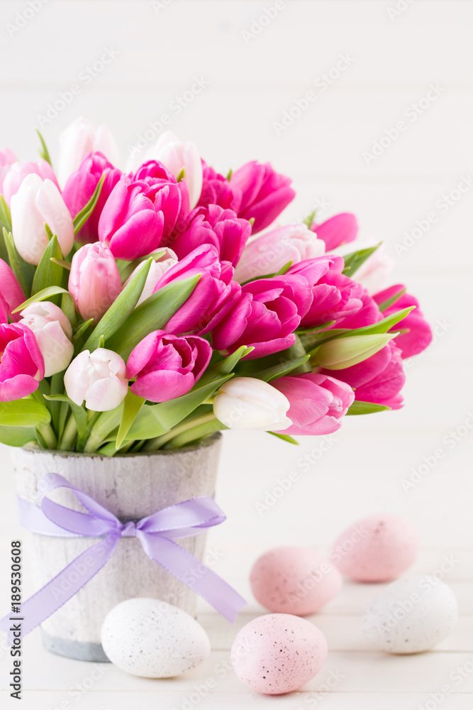 Pink tulip on the white background. Easter background Pink tulip on the white background. Easter background