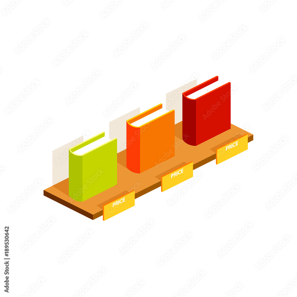 Three books stay on the shelf with different price, vector illustration isolated on white background Three books stay on the shelf with different price, vector illustration isolated on white background