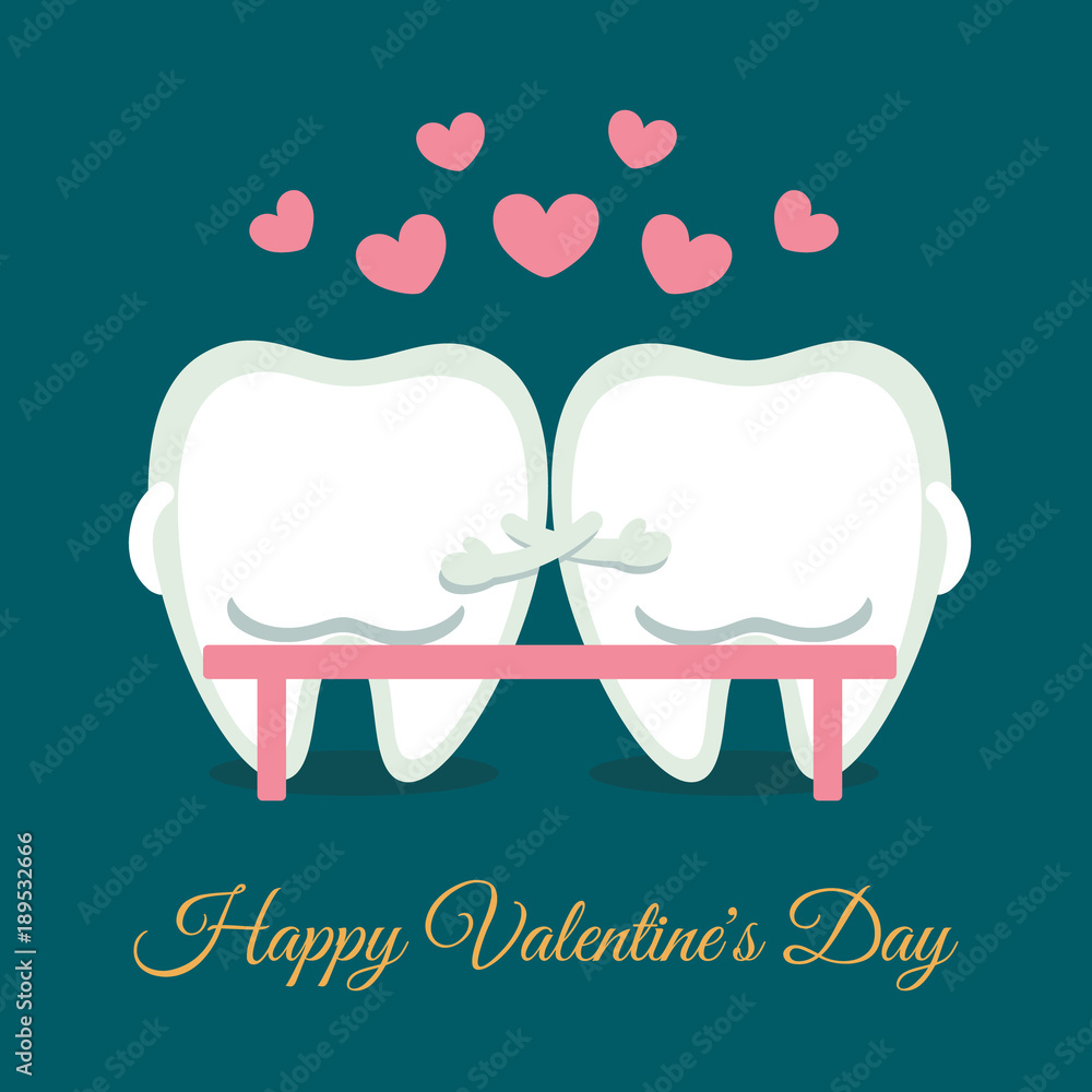 Dental valentine card. Cartoon teeth sitting on the bench. Love, romantic  and a lot of hearts. Happy Valentine's Day! Greeting from dentistry. Stock  Vector | Adobe Stock