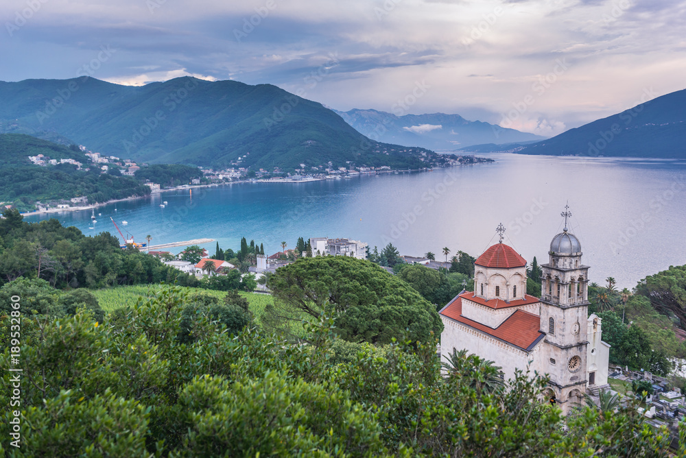 Dormition Church of Savina Orthodox monastery in Herceg Novi coastal town at the entrance to Kotor Bay in Montenegro