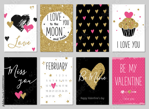Valentine's day greeting card set with hearts. Gold, black, pink, white colors. Gift tags with gold glitter texture. Hand drawn hearts. Design for valentine and wedding. Miss you. Be mine. Cupcake.