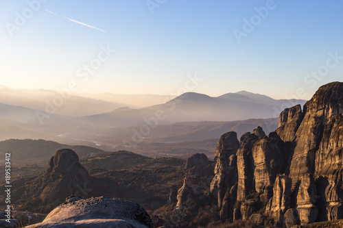 View on the Plain of Thessaly from the Meteora at golden hour, Greece