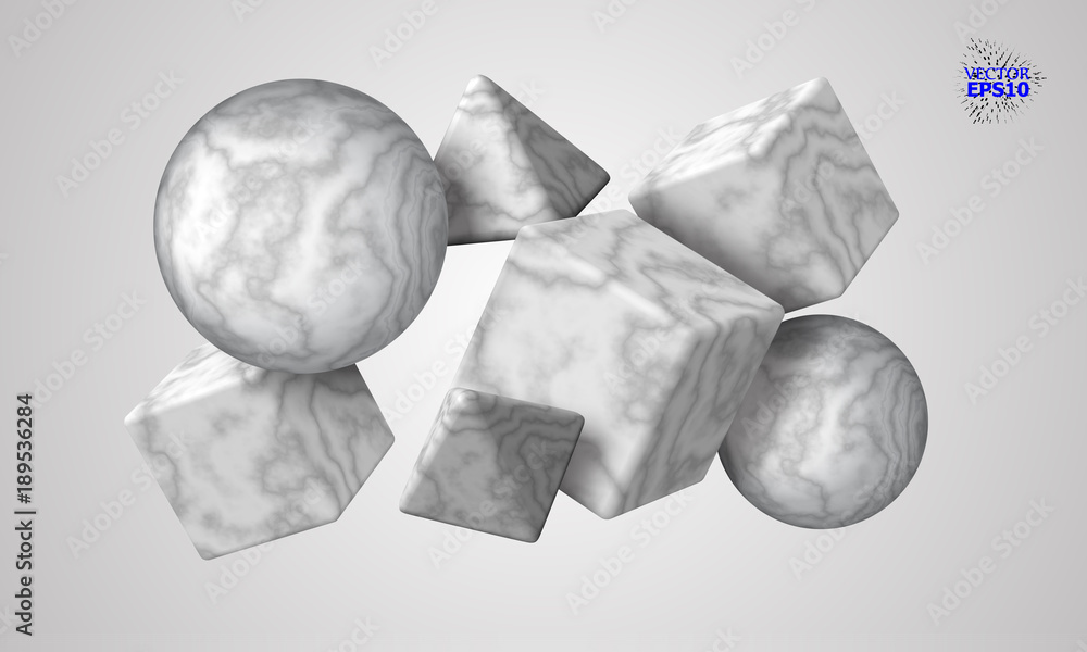 3D decorative figures of a cube, triangle and sphere with a marble ...