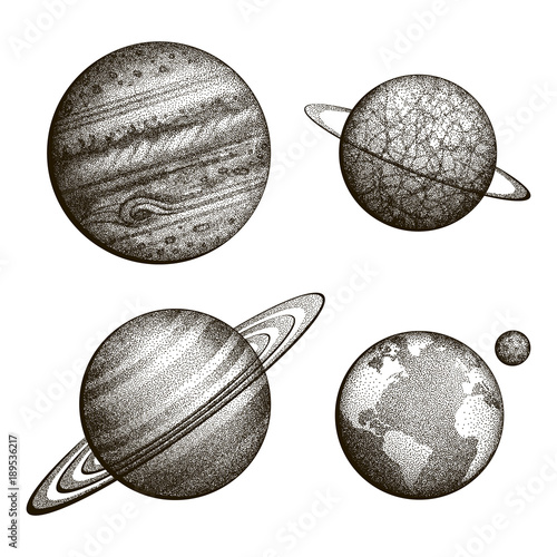 Collection of planets in solar system. Engraving style. Vintage elegant science set. Sacred geometry, magic, esoteric philosophies, tattoo, art. Isolated hand-drawn vector illustration