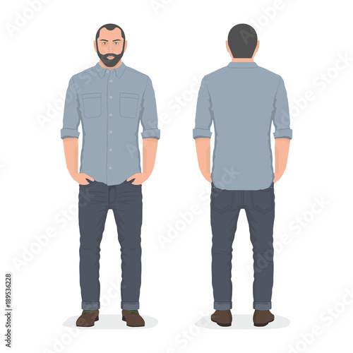 front and back view of young man standing isolated on white background