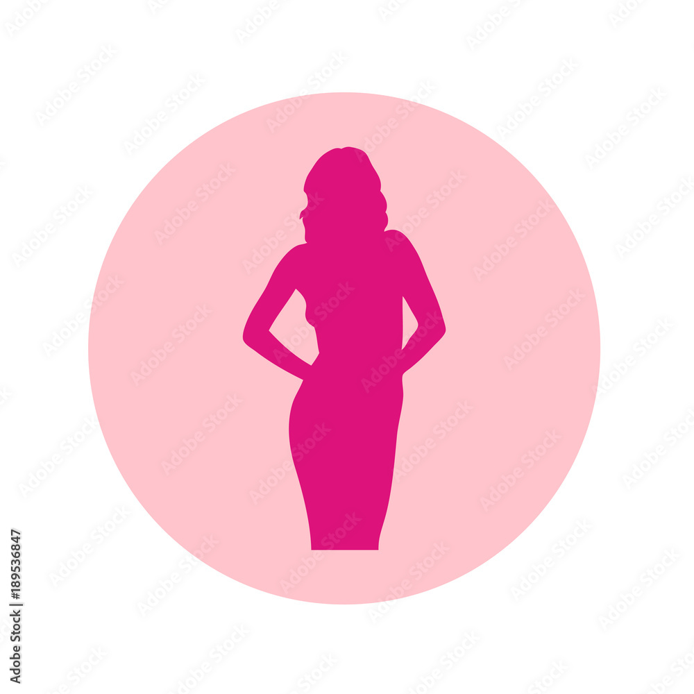 Icono plano silueta chica desnuda de pie en circulo rosa Icono plano silueta chica desnuda de pie en circulo rosa