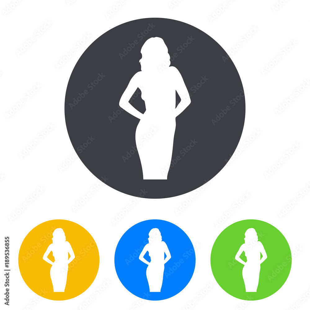 Icono plano silueta chica desnuda de pie en circulo varios colores Icono plano silueta chica desnuda de pie en circulo varios colores