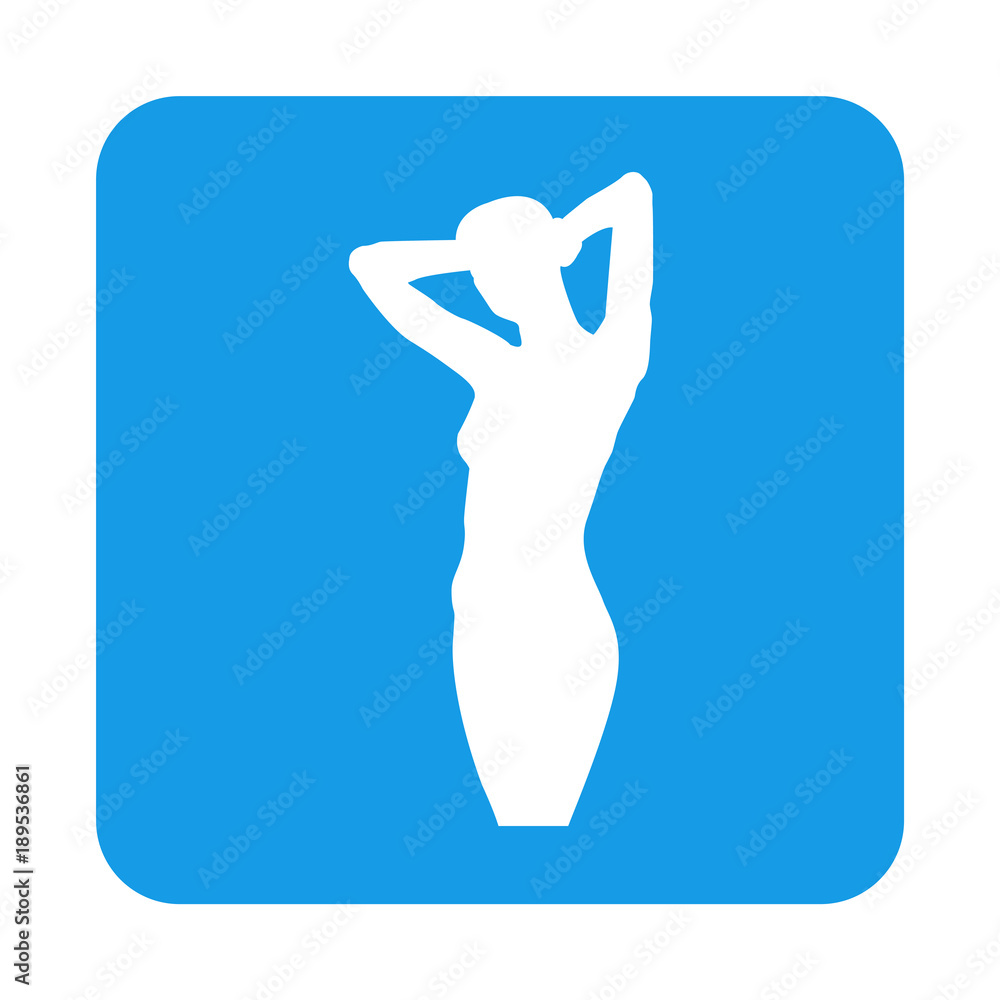 Obraz premium Icono plano silueta chica desnuda de pie en cuadrado azul