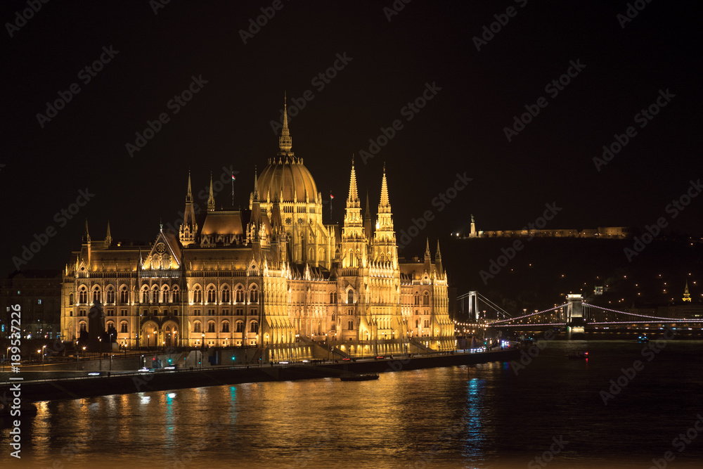 Budapest Parliament building late night view across Danube river
