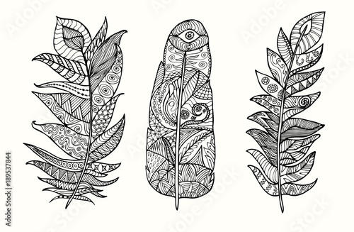 Hand drawn feather set with doodle, zentangle, floral, vintage elements.