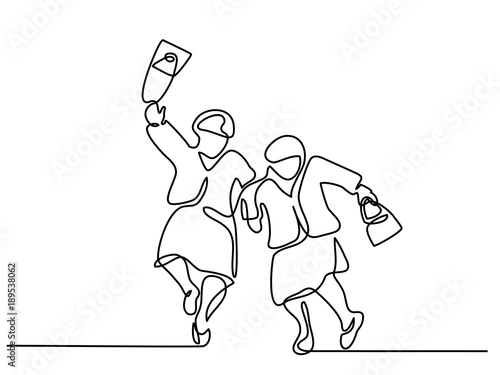 Continuous line drawing. Elderly women friends walking and dancing. Vector illustration