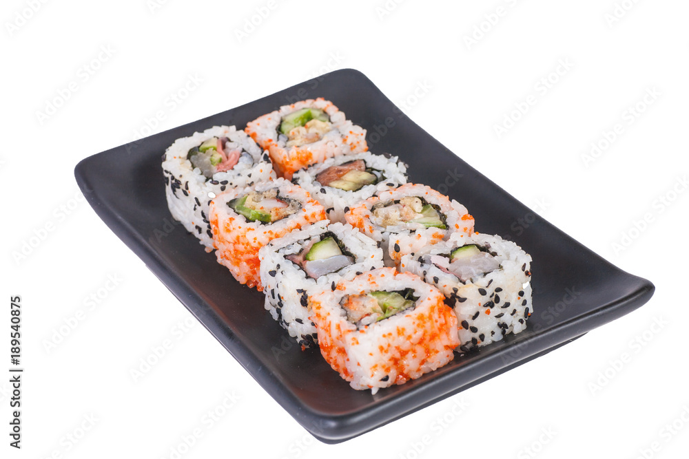 Sushi in a plate isolated on white background Sushi in a plate isolated on white background